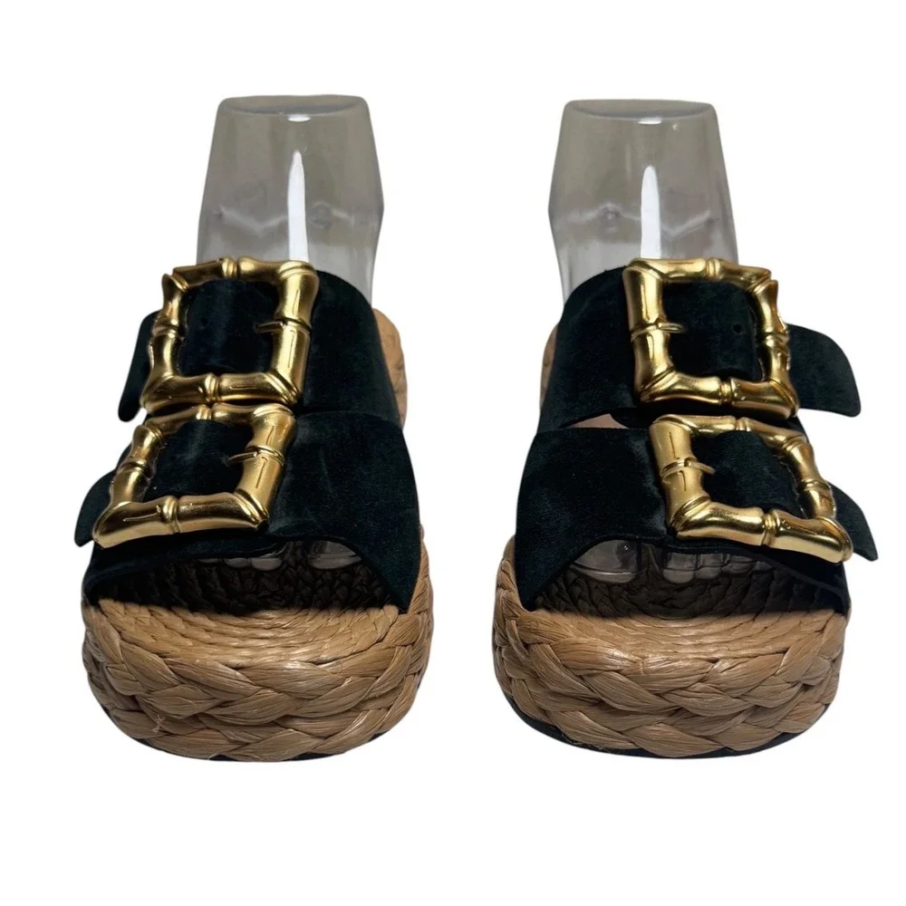 Schutz Enola Rope Platform Sandal Black Suede Gold Bamboo Buckle Womens 7.5B